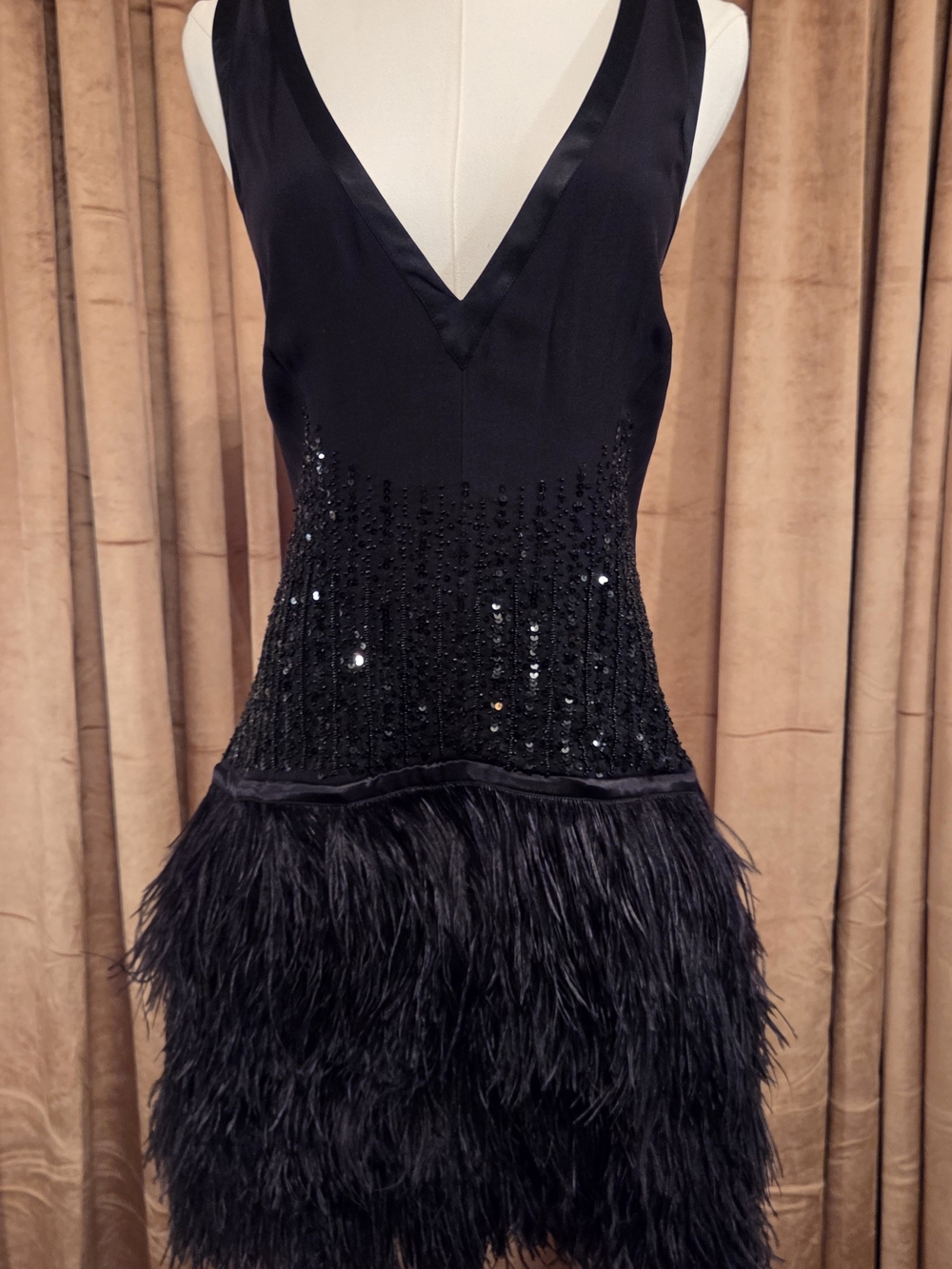 Vintage bebe Black Sequin & Feather V-Neck Mini Dress